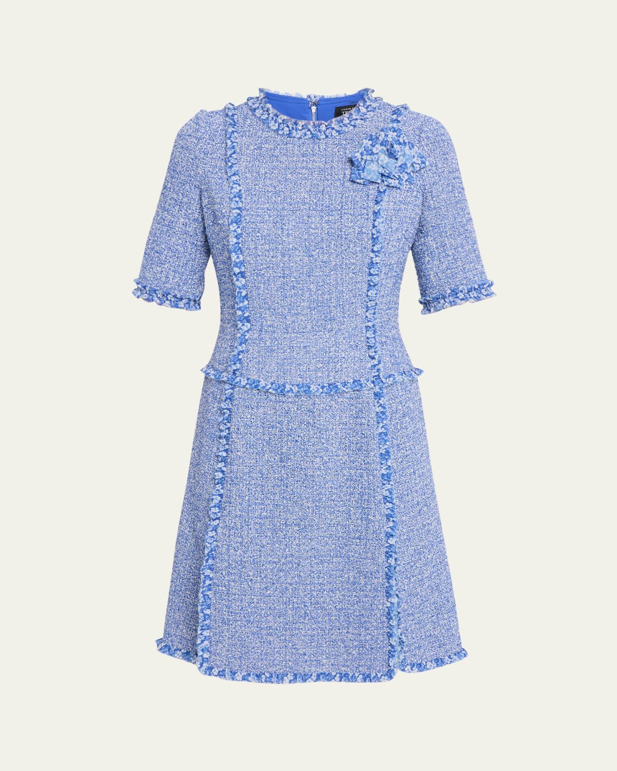 Rickie Freeman for Teri Jon Frayed-Trim Woven Tweed Dress