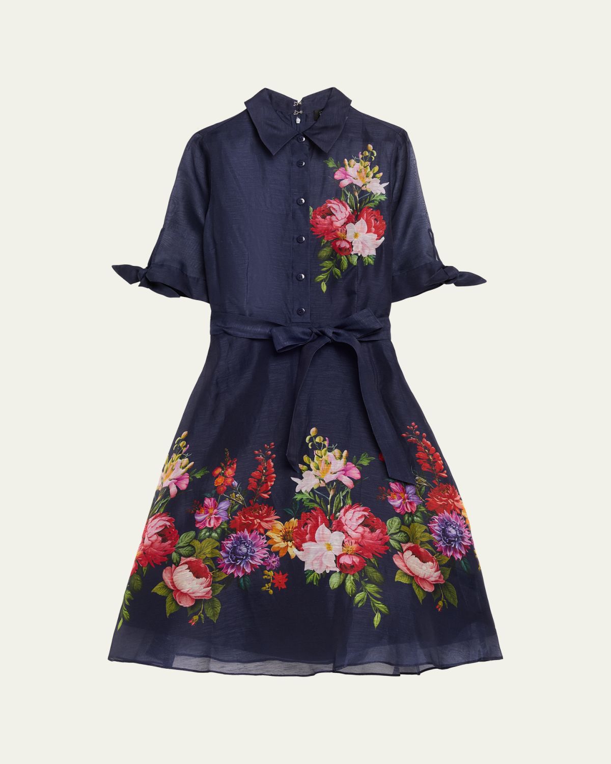Rickie Freeman for Teri Jon Silken Linen Floral-Print Shirtdress