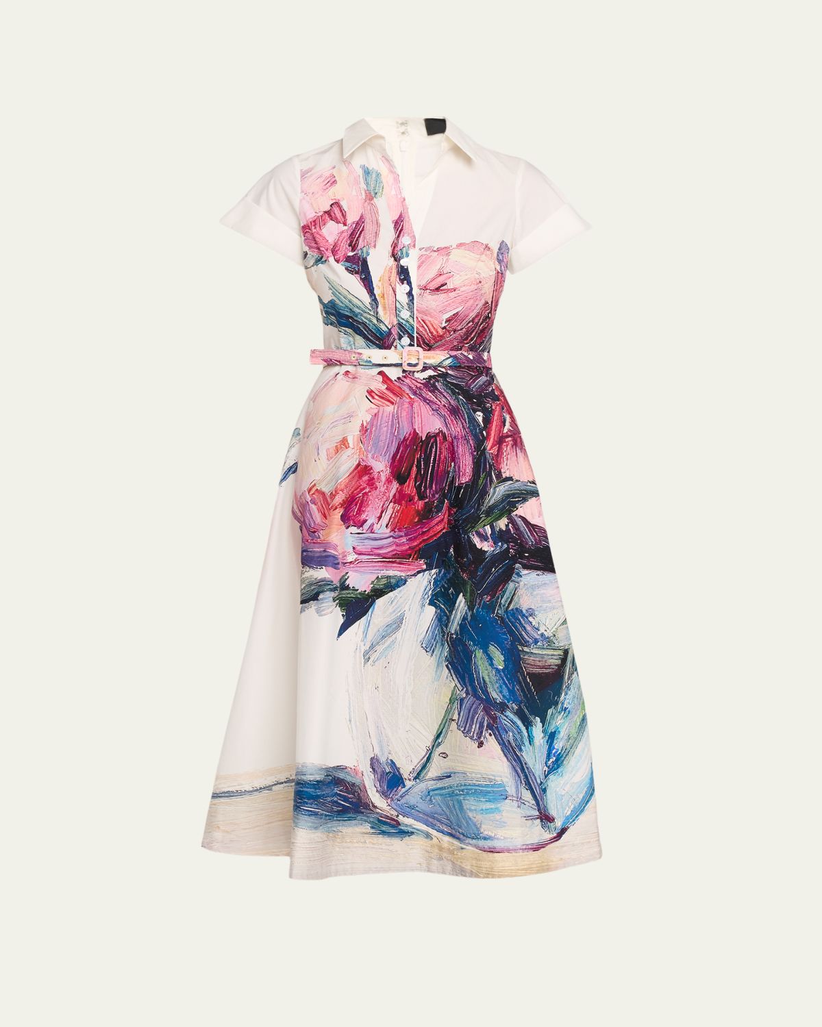 Rickie Freeman for Teri Jon Cotton Floral Short-Sleeve Shirtwaist Dress