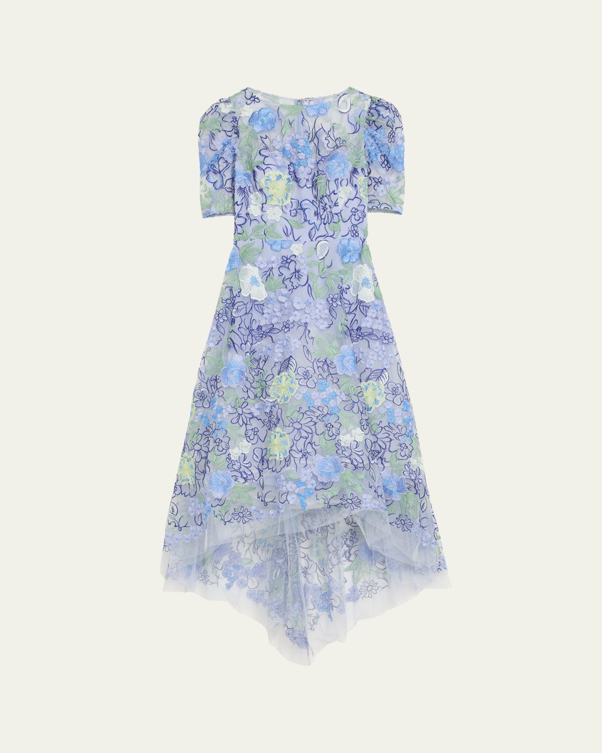 Rickie Freeman for Teri Jon High-Low Embroidered Tulle Maxi Dress
