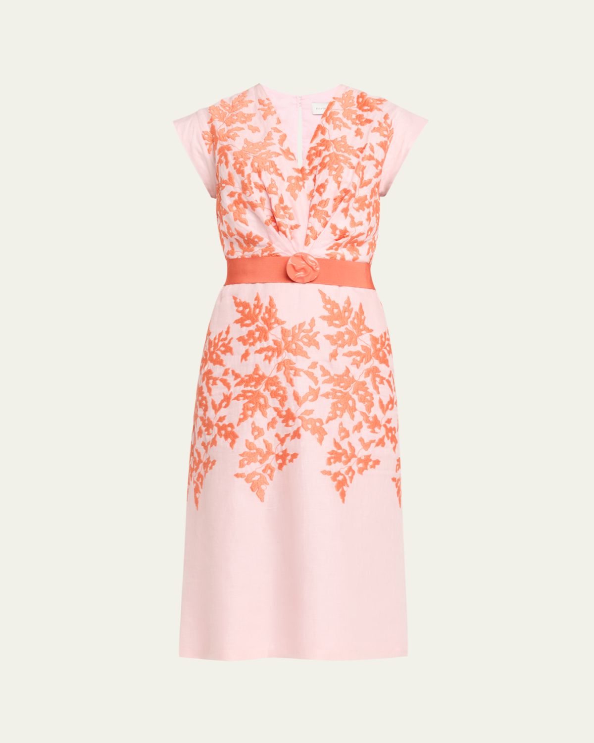 Silvia Tcherassi Olive Embroidered Linen Midi Dress With Belt