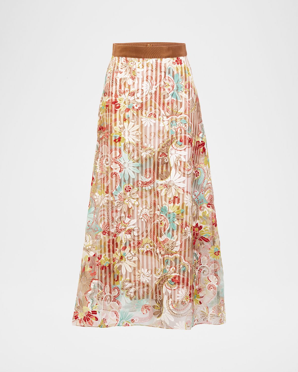 Silvia Tcherassi Nelida Floral Embroidered ayered Stripe Midi Skirt