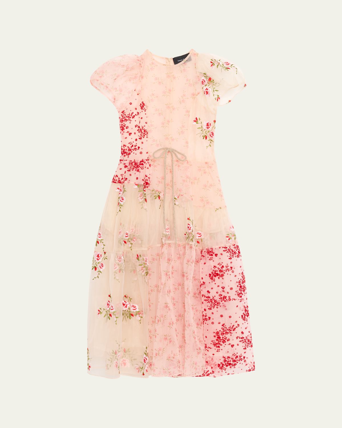 Simone Rocha Floral Sheer Organza Puff-Sleeve Midi Dress