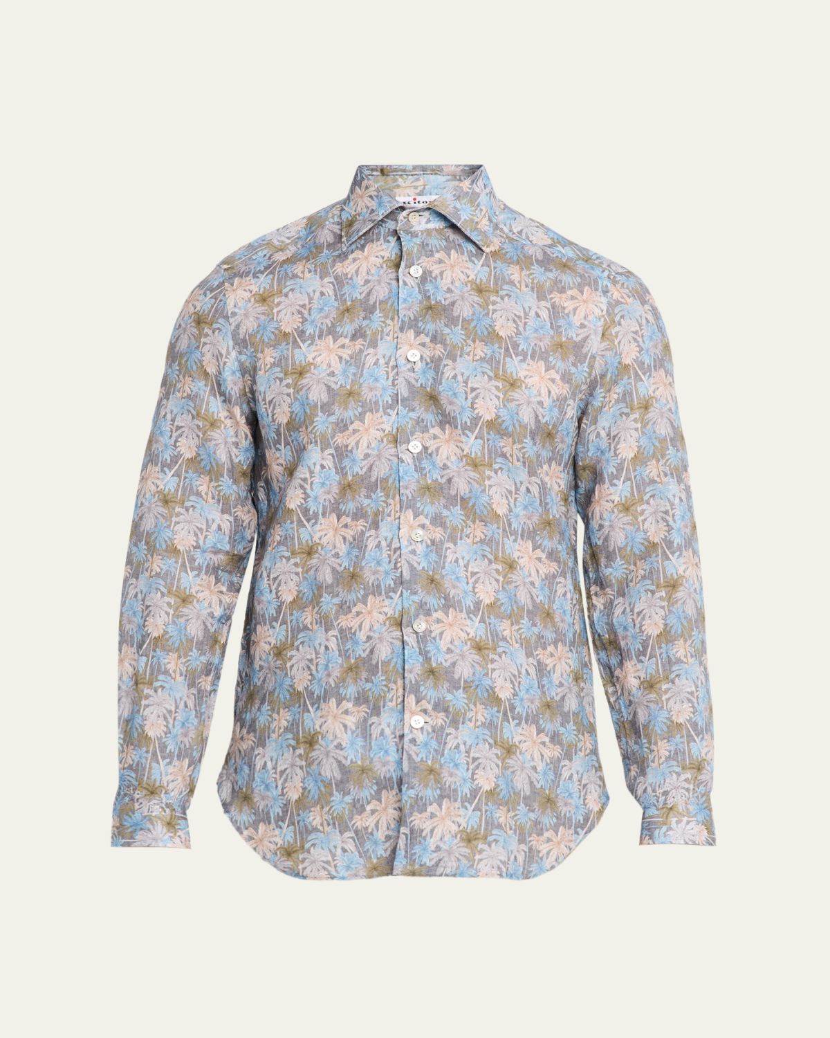 Kiton Men's Palm-Print Linen Button-Down Shirt with Mother-Of-Pearl