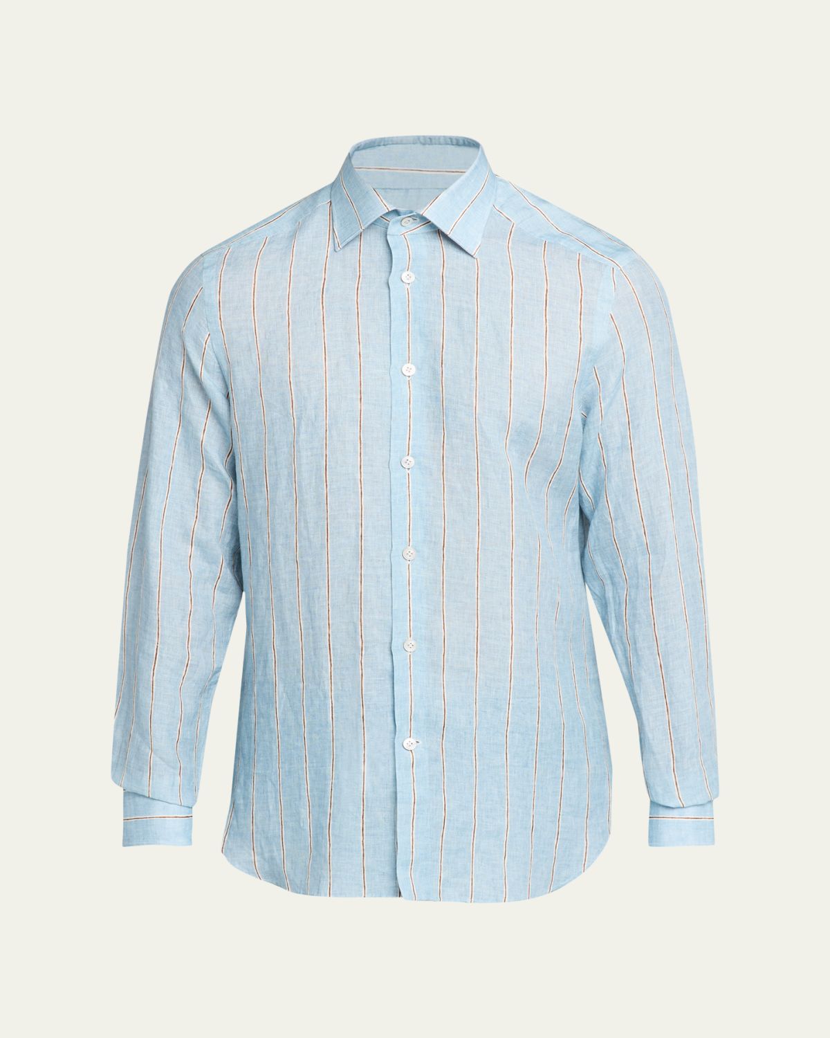 Kiton Men's Linen Stripe Button-Down Shirt with Mother-Of-Pearl