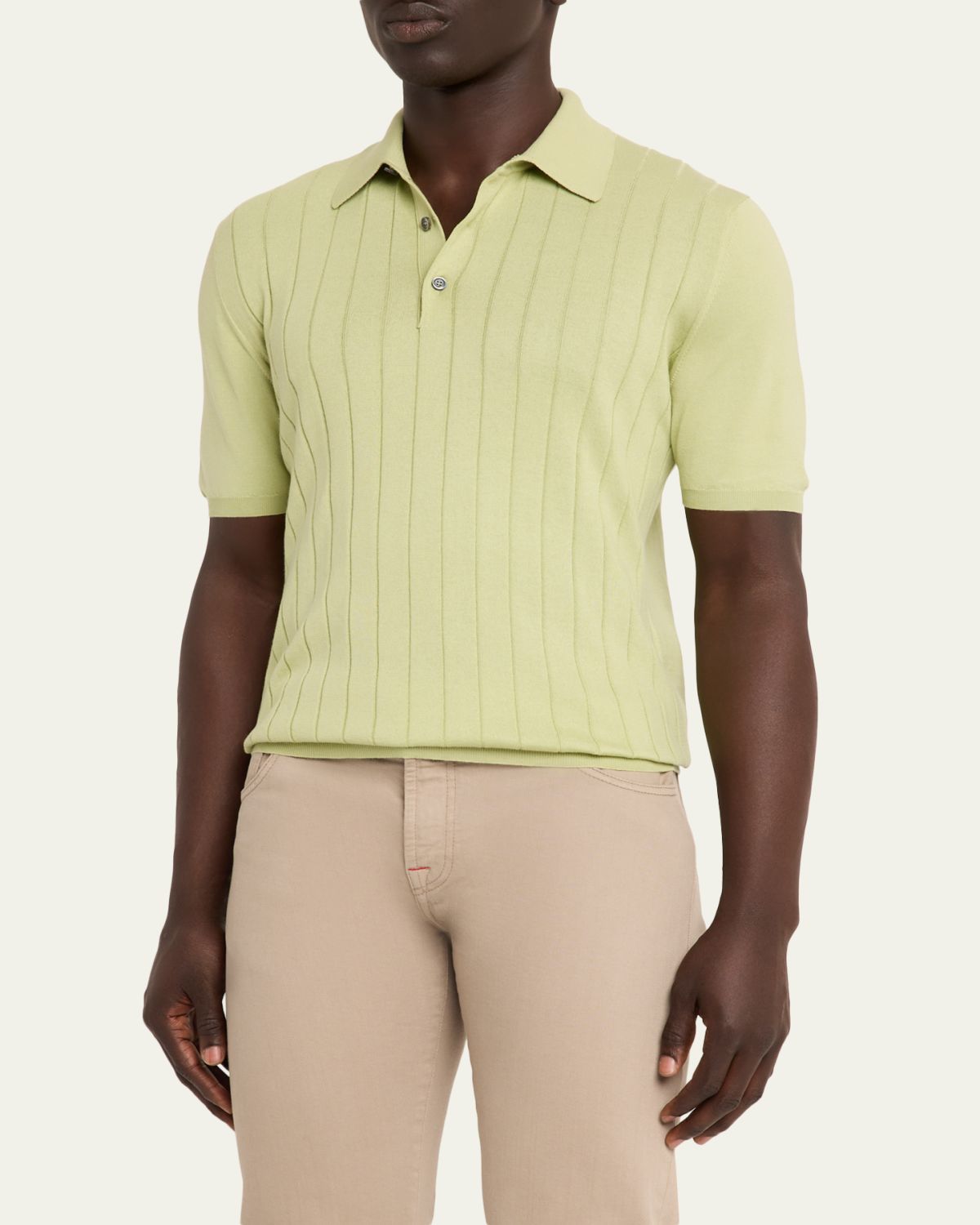 Kiton Men's Wide Rib Sea Island Cotton Polo Sweater | Thumbnail 4 Kiton Men's Wide Rib Sea Island Cotton Polo Sweater | Thumbnail 4
