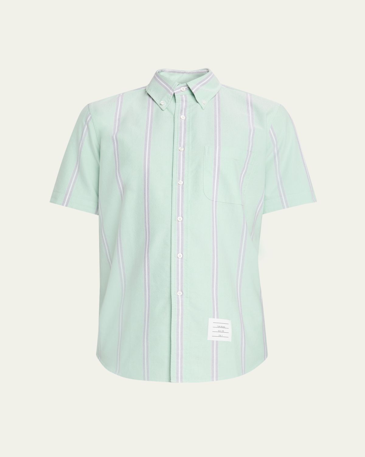 Thom Browne Men's Stripe Cotton Oxford Short-Sleeve Shirt with Nametag