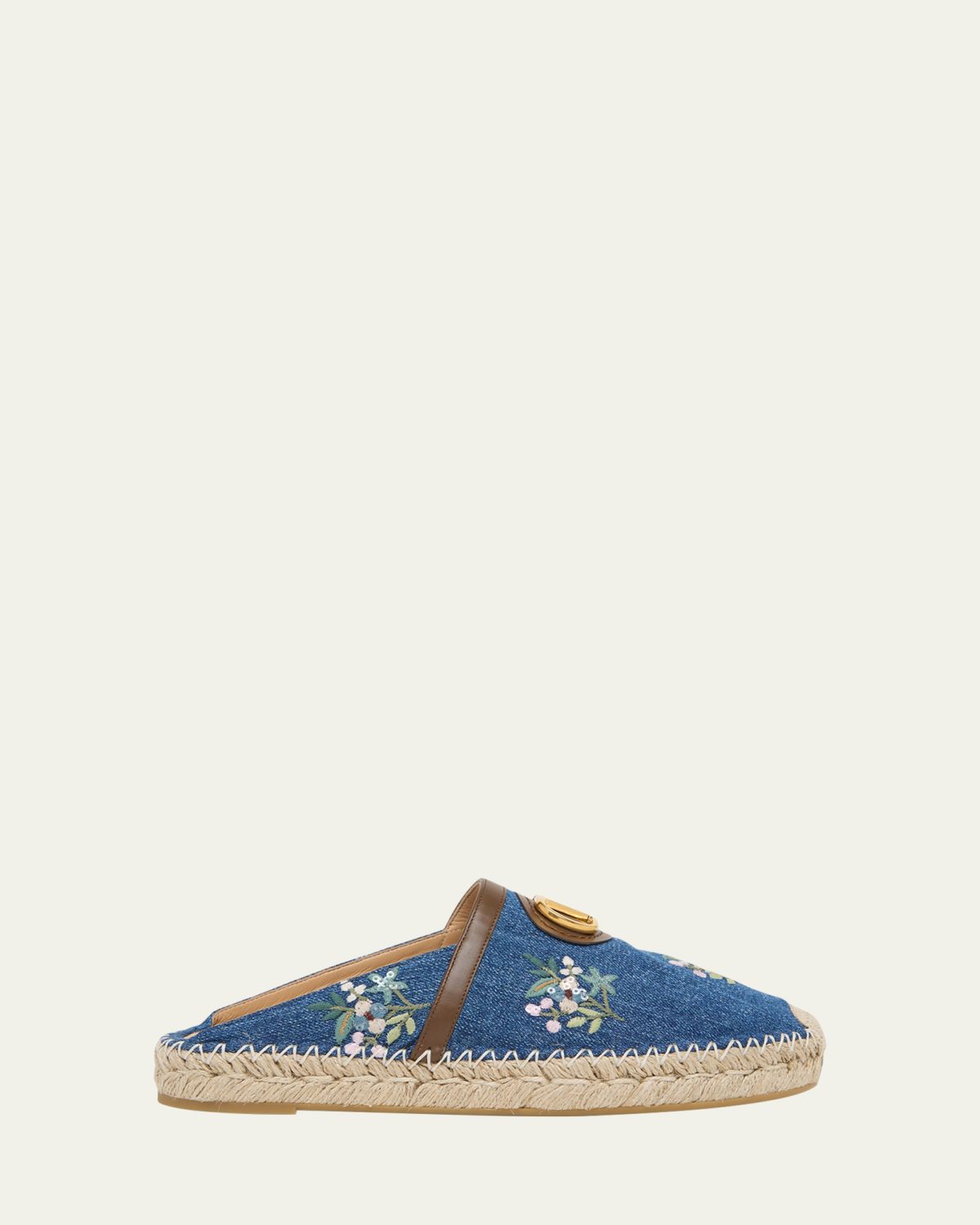 Valentino Garavani VLogo Floral-Embroidered Denim Espadrille Mules