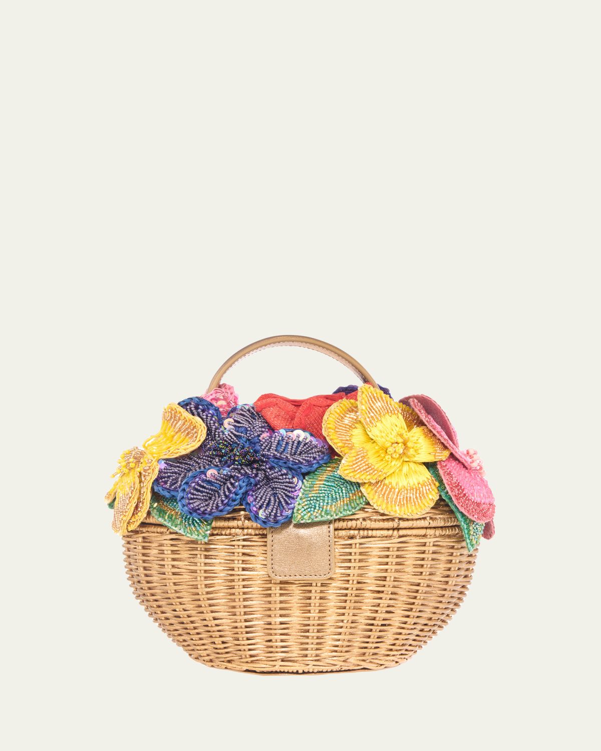 Judith Leiber Couture Beaded Flower Wicker Basket Top-Handle Bag