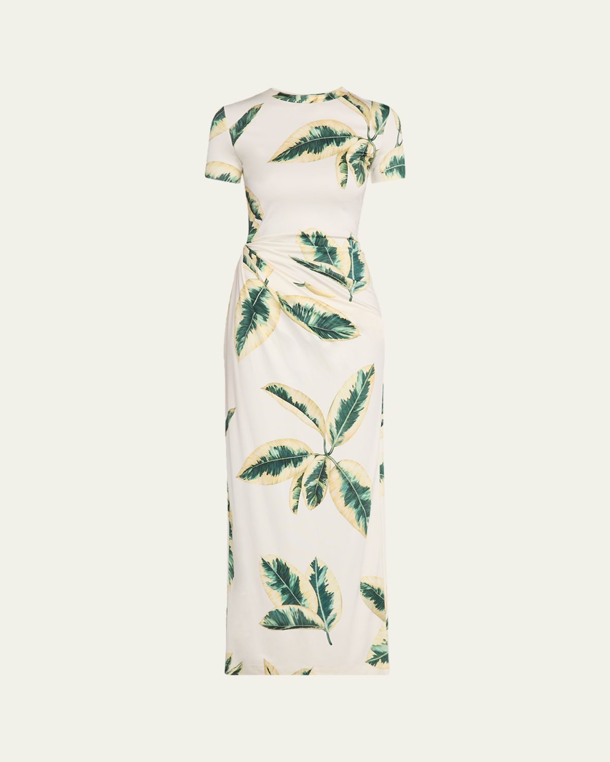 Oscar de la Renta Short-Sleeve Ficus-Print Draped Maxi Dress