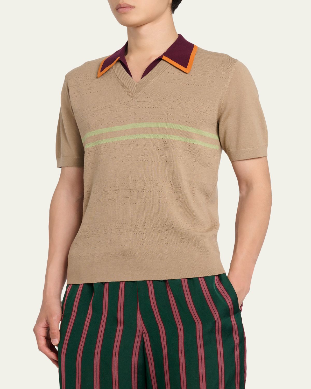 Dries Van Noten Men's Contrast-Trim Knit Polo Sweater | Thumbnail 4 Dries Van Noten Men's Contrast-Trim Knit Polo Sweater | Thumbnail 4
