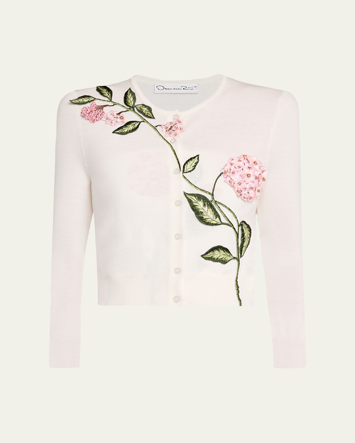 Oscar de la Renta Porcelain Flower Embroidered Crop Crewneck Cardigan