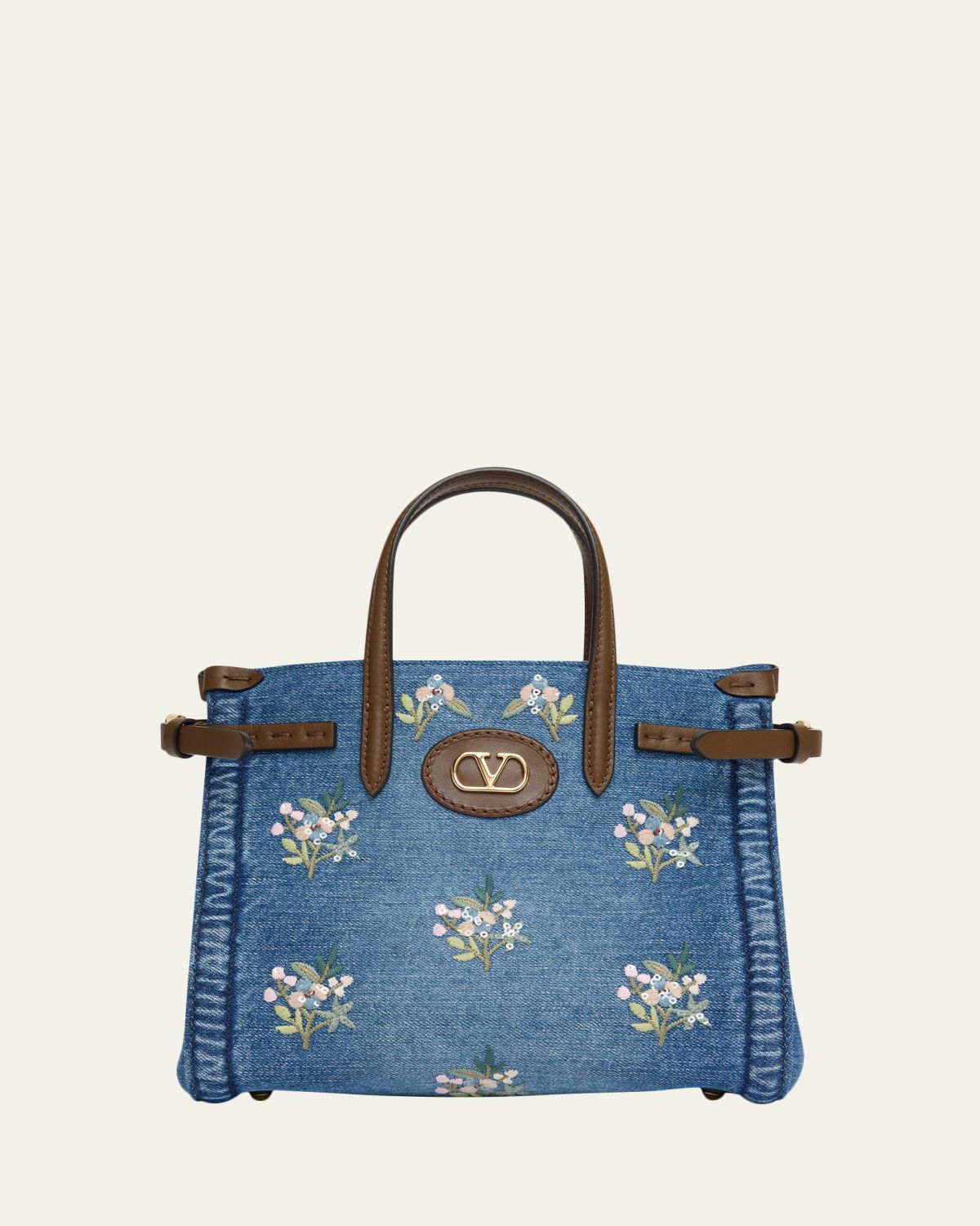 Valentino Garavani Antibes Small Floral-Embroidered Denim Tote Bag
