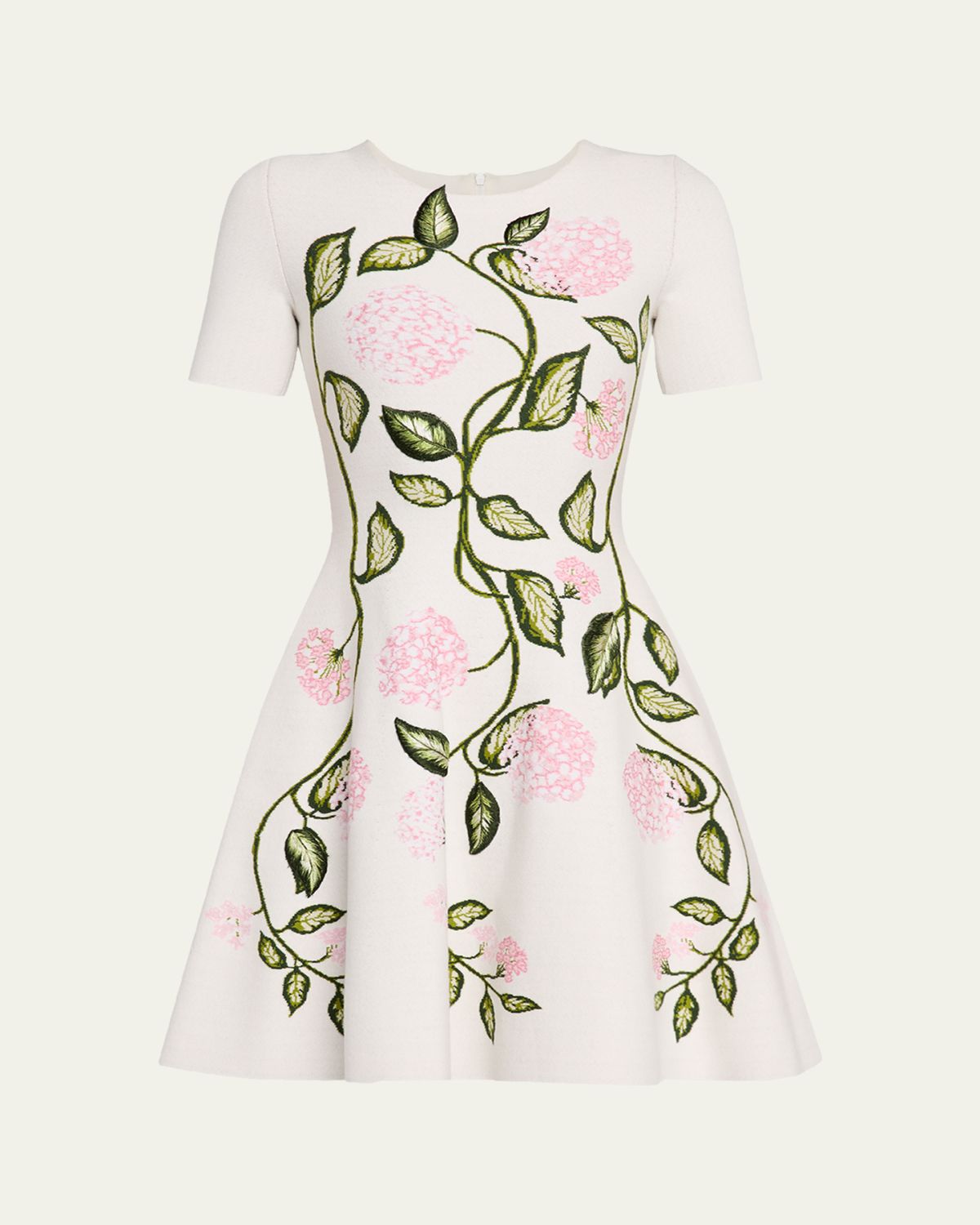 Oscar de la Renta Short-Sleeve Porcelain Flower Knit Mini Dress