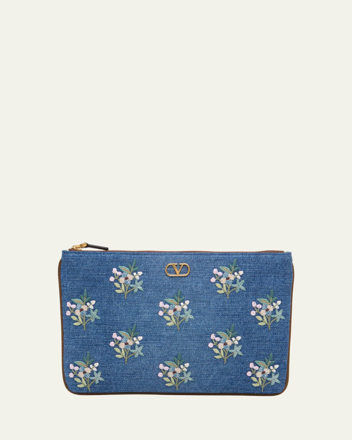 Valentino Garavani Floral-Embroidered Denim VLogo Clutch Bag