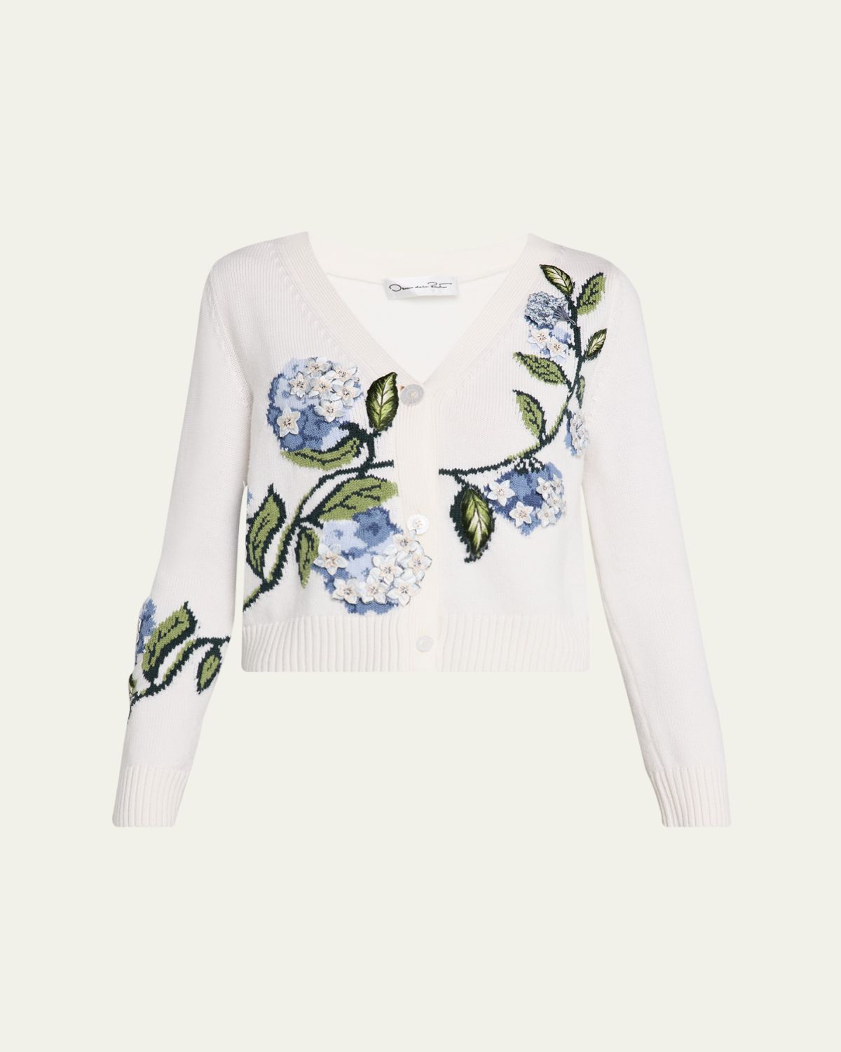 Oscar de la Renta Porcelain Flower Embroidered V-Neck Cardigan