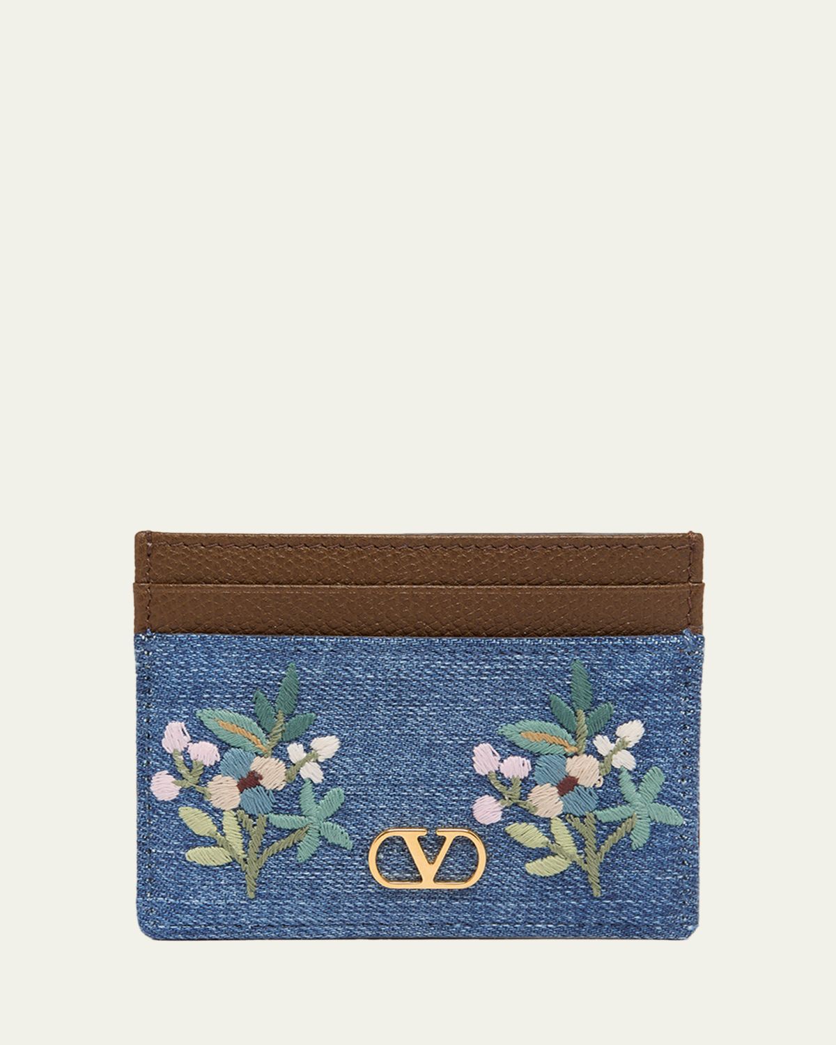 Valentino Garavani Floral-Embroidered Denim & Leather Card Holder