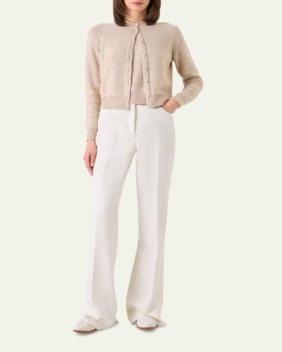 Akris Linen-Cotton Micro Sequin Knit Cardigan Sweater | Thumbnail 2