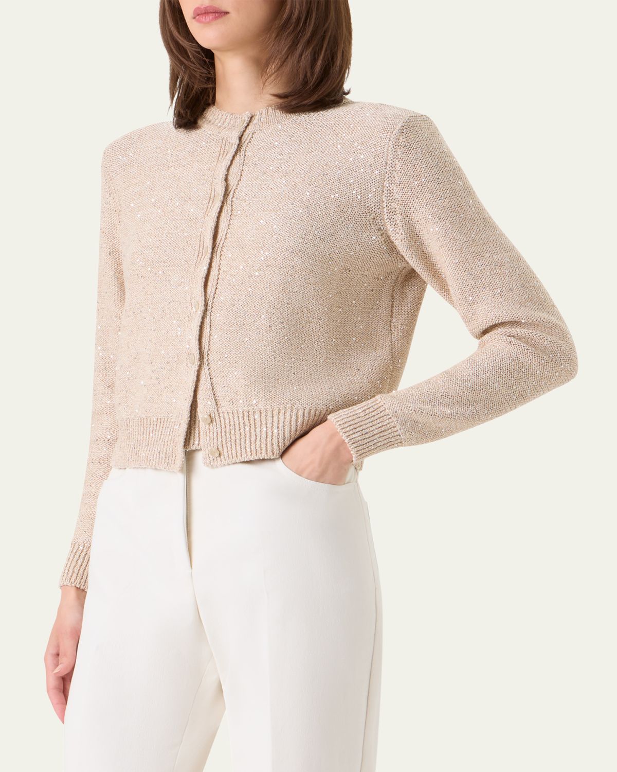 Akris Linen-Cotton Micro Sequin Knit Cardigan Sweater | Thumbnail 4