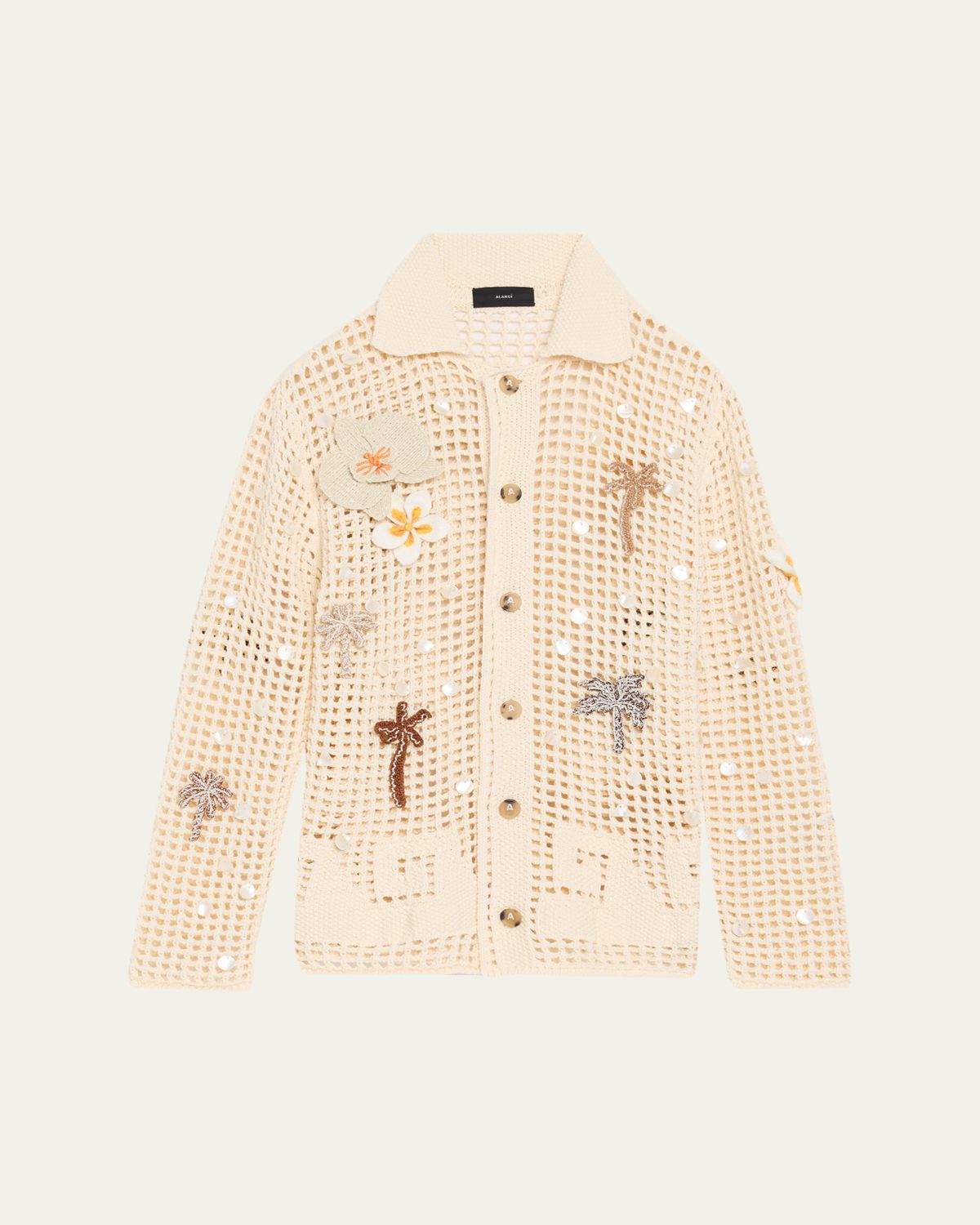 Alanui Where The Waves Begin Embellished Net Knit Collared Cardigan