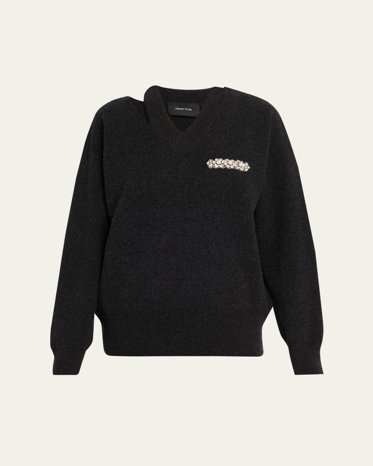 Simone Rocha Embellished Merino Wool Slash Cutout V-Neck Sweater