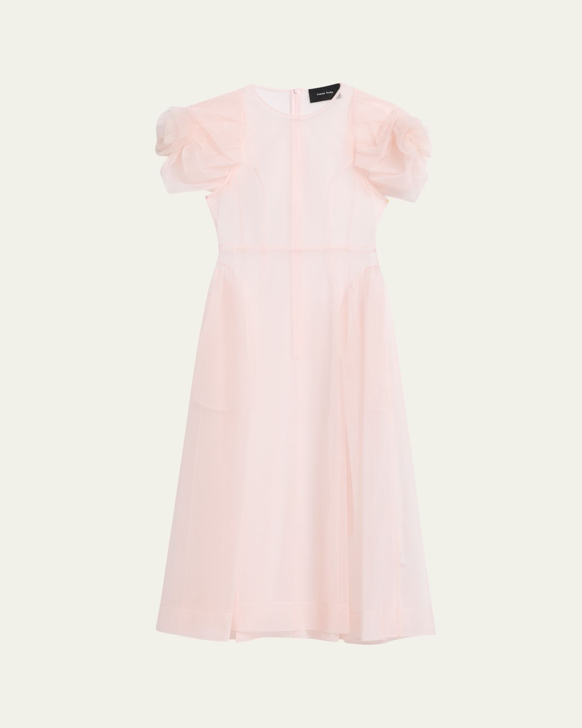 Simone Rocha Rose Puff-Sleeve Sheer Tulle Fit-&-Flare Midi Dress