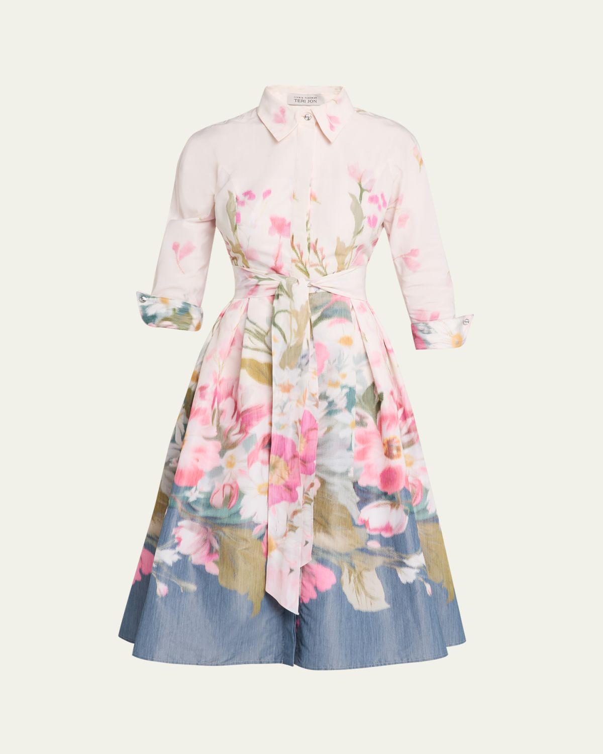 Rickie Freeman for Teri Jon Floral-Print Taffeta Midi Shirtdress