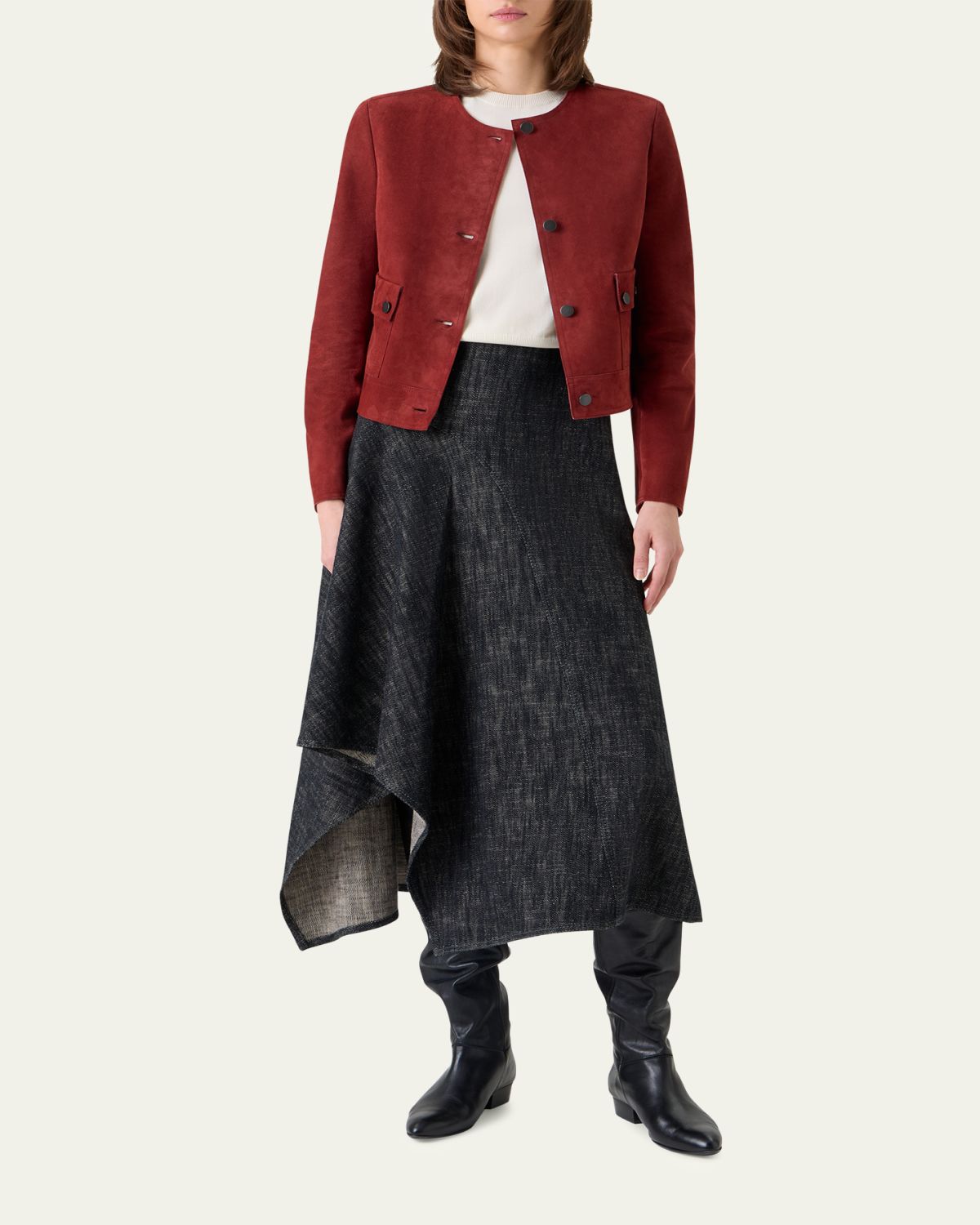 Akris punto Single-Breasted Suede Collarless Jacket | Thumbnail 2