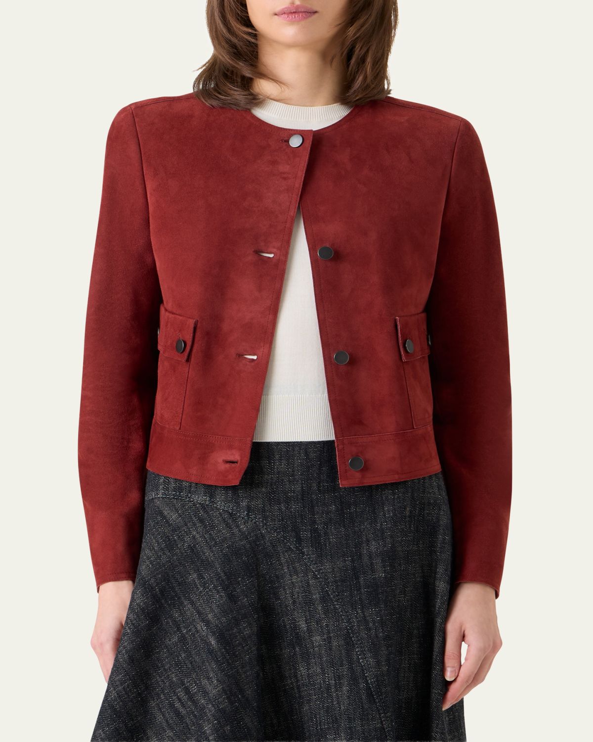Akris punto Single-Breasted Suede Collarless Jacket | Thumbnail 4