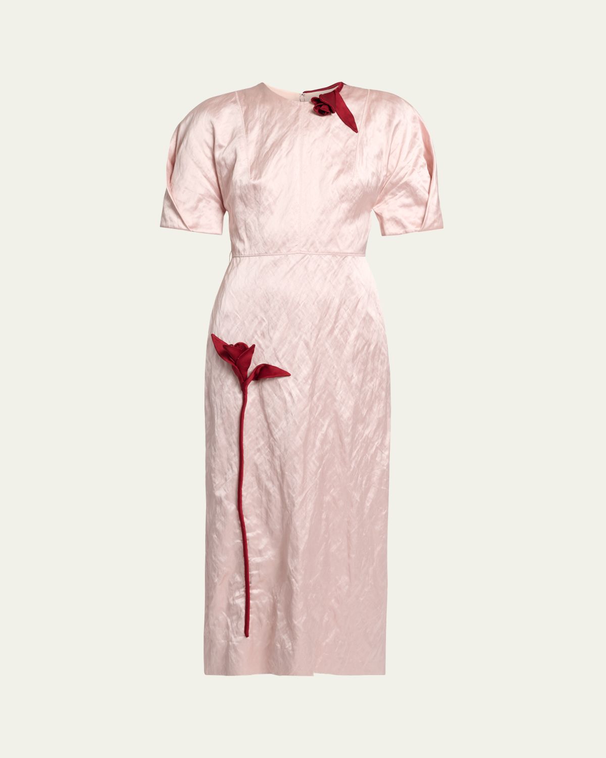 Erdem Tulip Applique Crinkled Satin Short-Sleeve Midi Dress