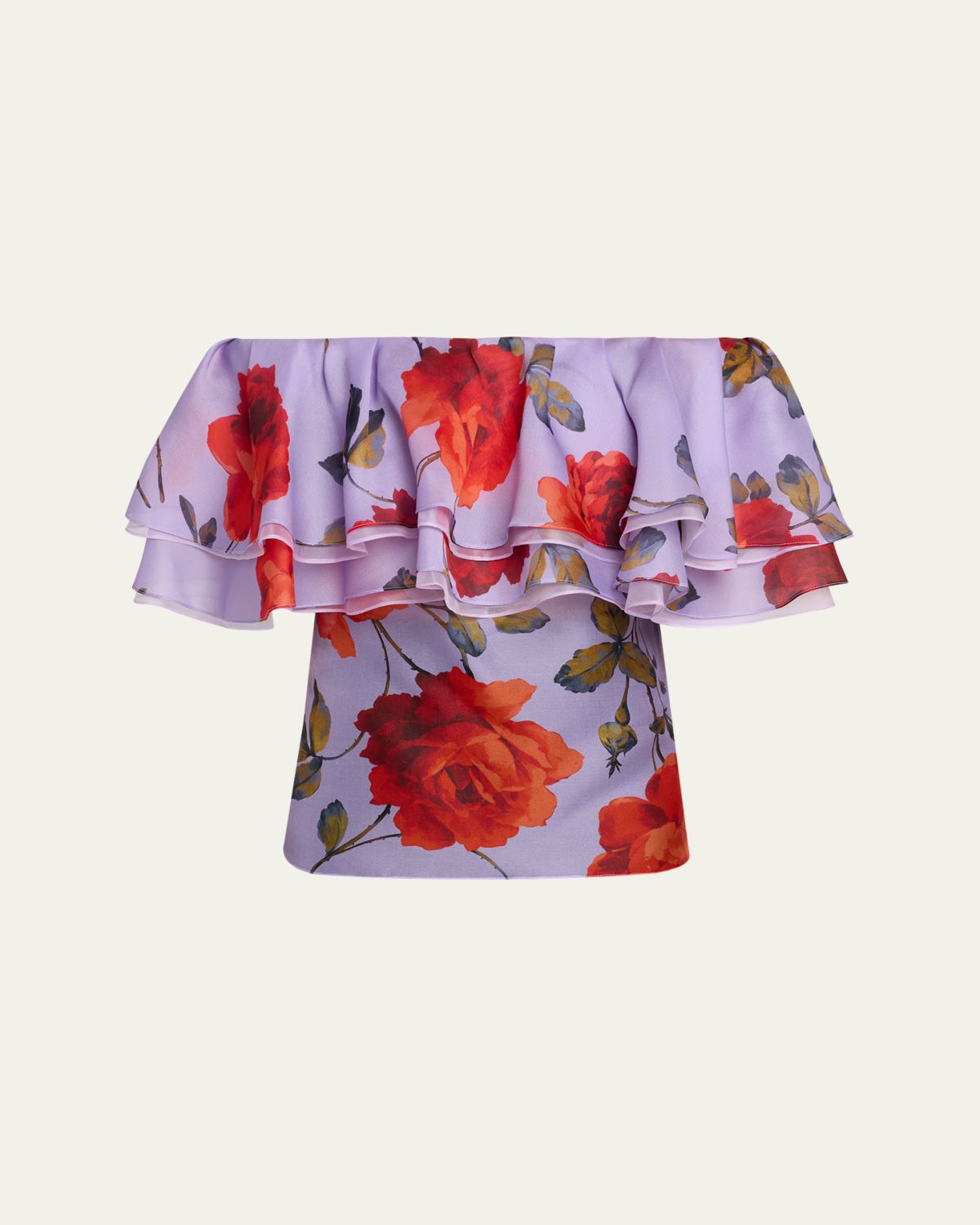 Carolina Herrera Rose Chiffon Off-The-Shoulder Ruffle Top