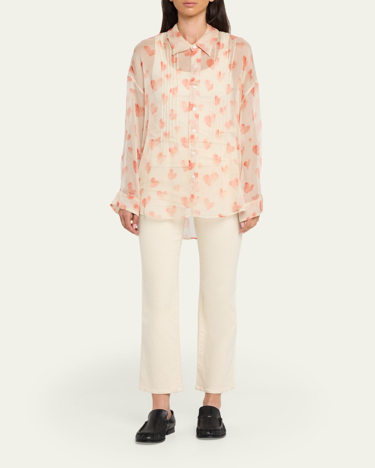 R13 Pintuck Drop-Neck Heart-Print Silk Shirt | Thumbnail 2