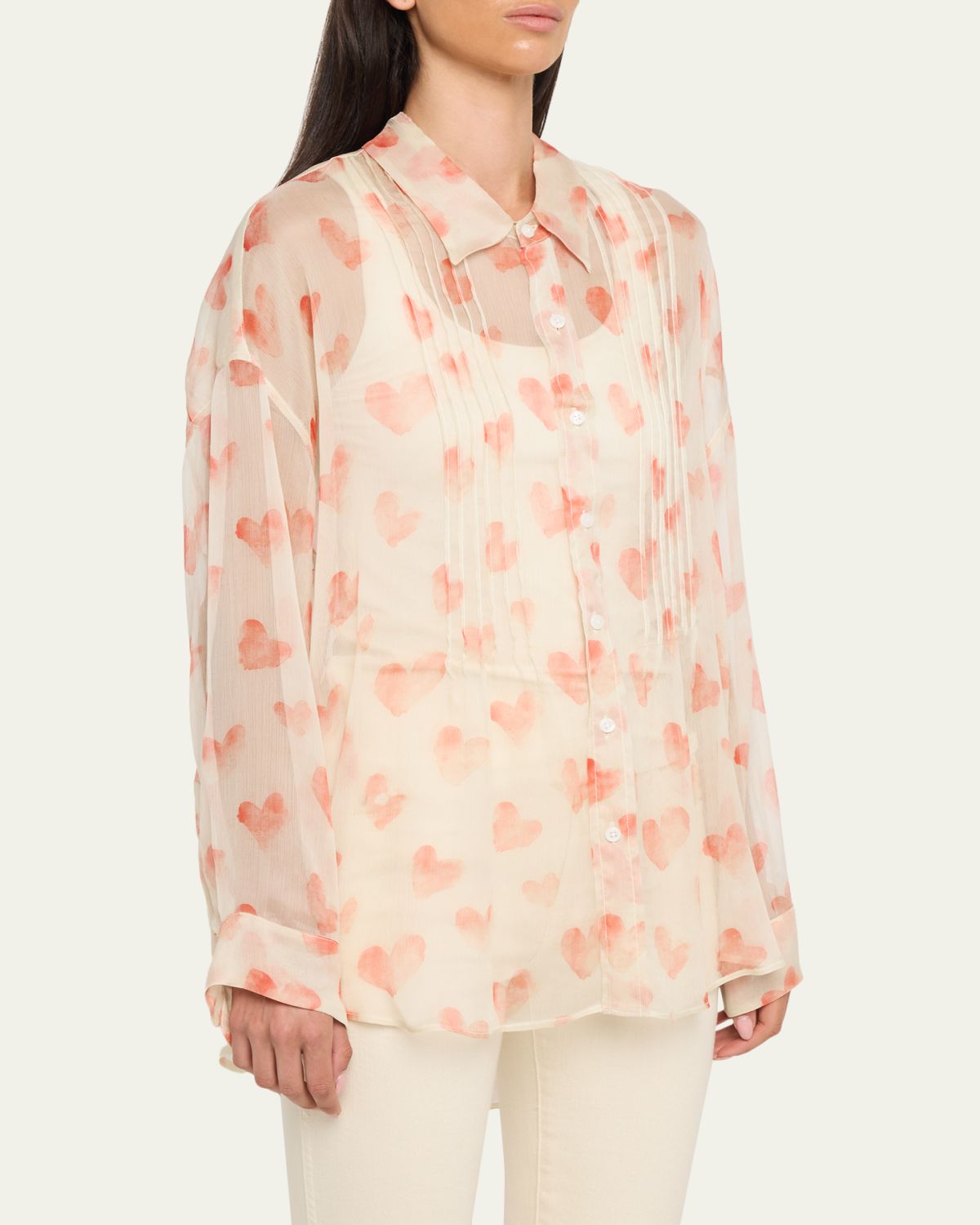 R13 Pintuck Drop-Neck Heart-Print Silk Shirt | Thumbnail 4