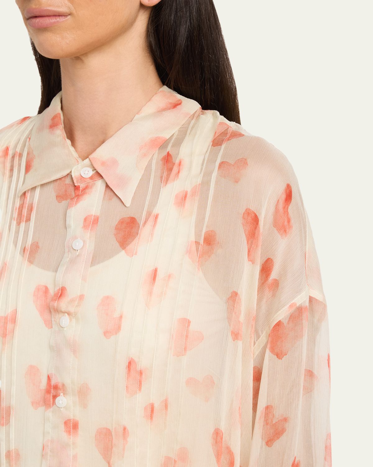 R13 Pintuck Drop-Neck Heart-Print Silk Shirt | Thumbnail 5