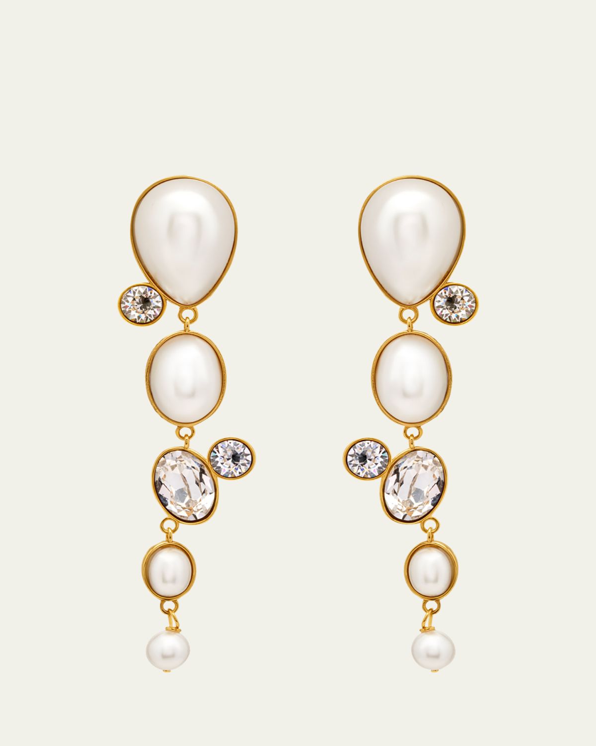Oscar de la Renta Pearly Cabochon and Rhinestone Drop Clip-On Earrings