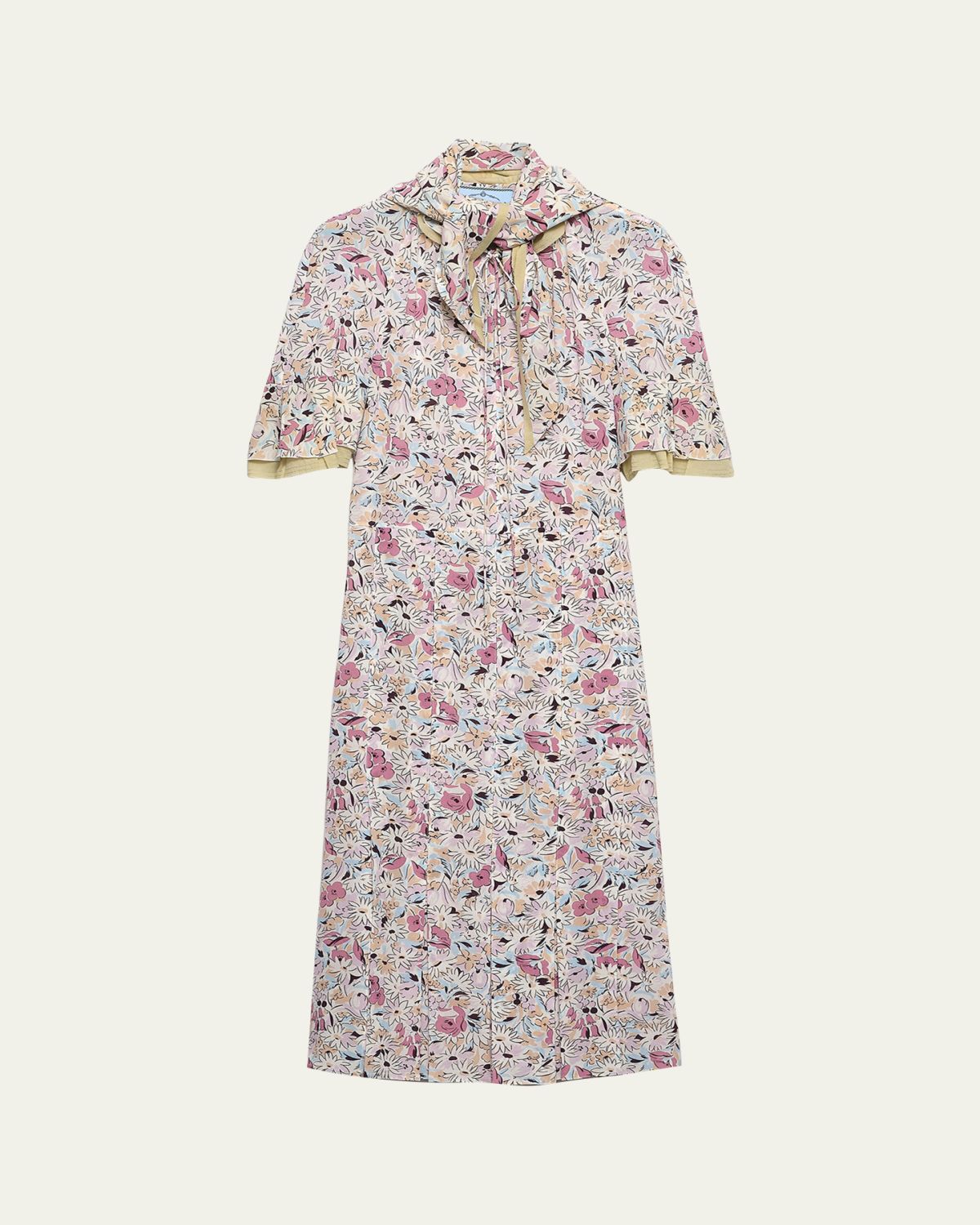 Prada Floral Silk Scarf-Neck Midi Dress