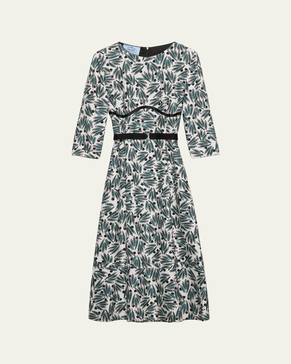 Prada Floral Print Pongé 3/4-Sleeve Midi Dress