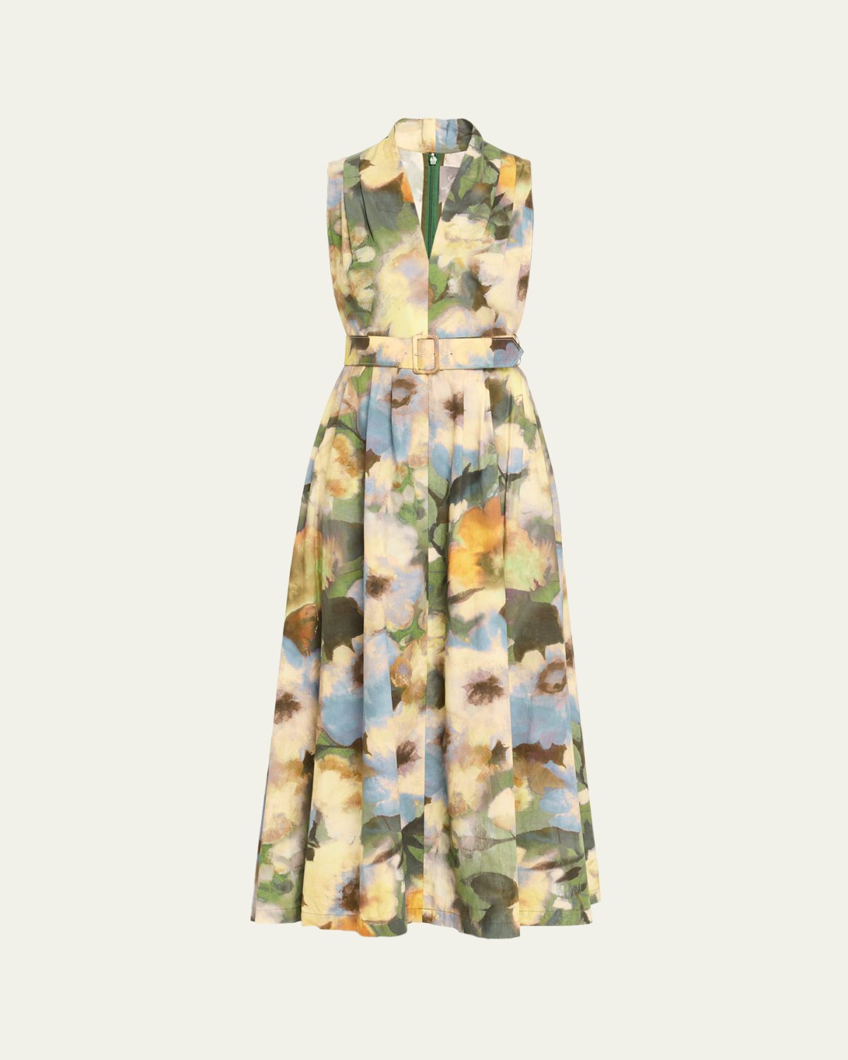 Lela Rose Floral-Print Cotton Sleeveless Midi Dress With Belt