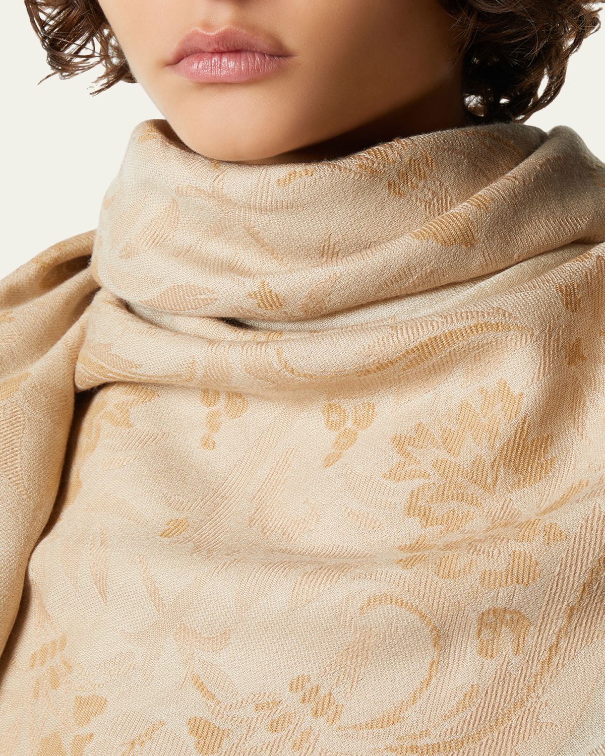 Loro Piana Ramage Fil Coupe Cashmere, Wool, and Silk Shawl - back view in Beige
