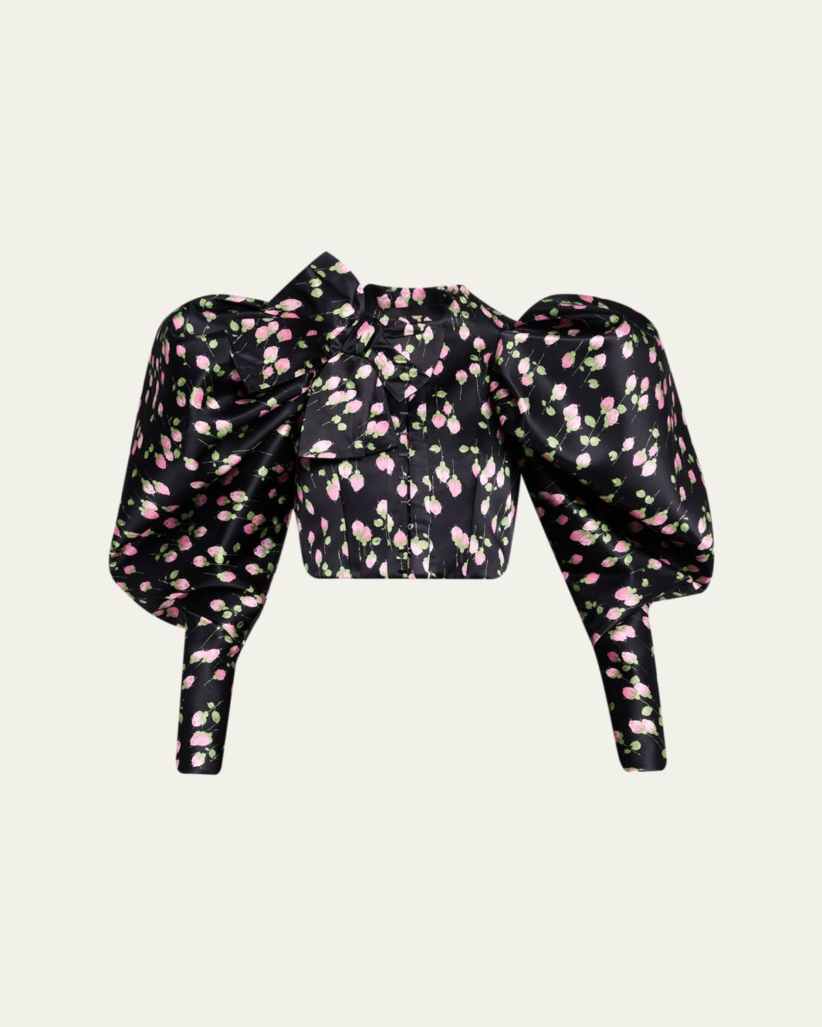 Marc Jacobs Runway Rose-Print Satin Bow Balloon-Sleeve Crop Jacket