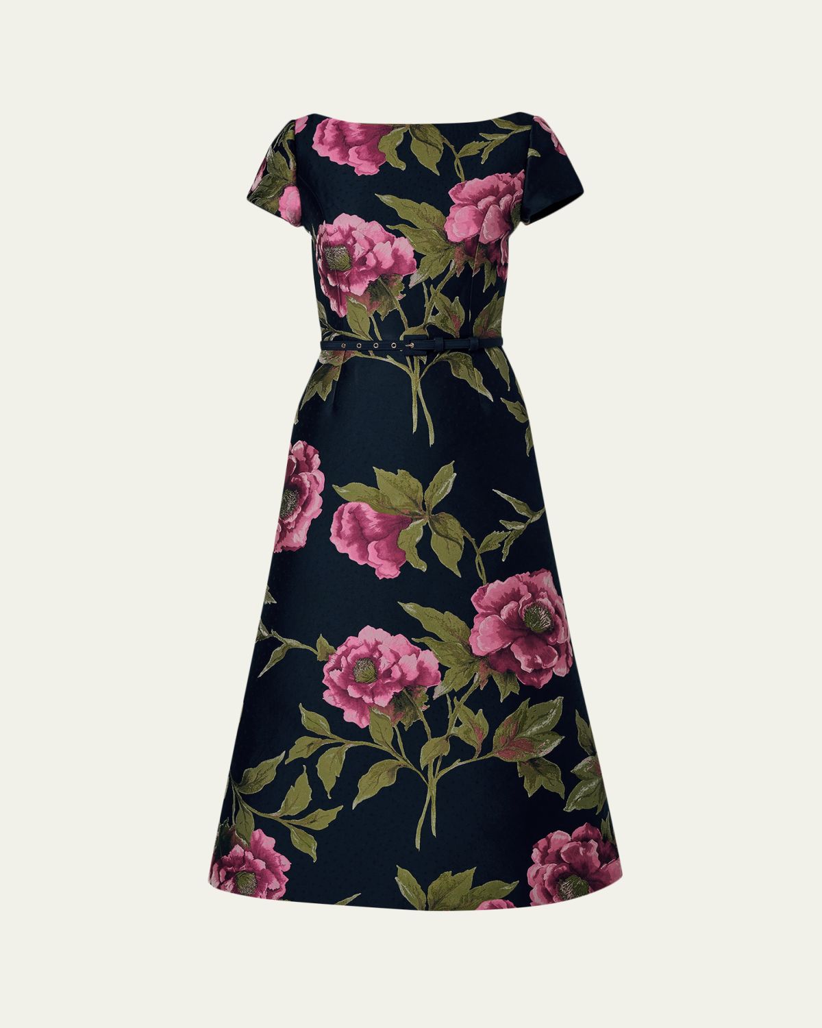 Carolina Herrera Metallic Floral Jacquard Short-Sleeve Belted Midi Dress | Thumbnail 5