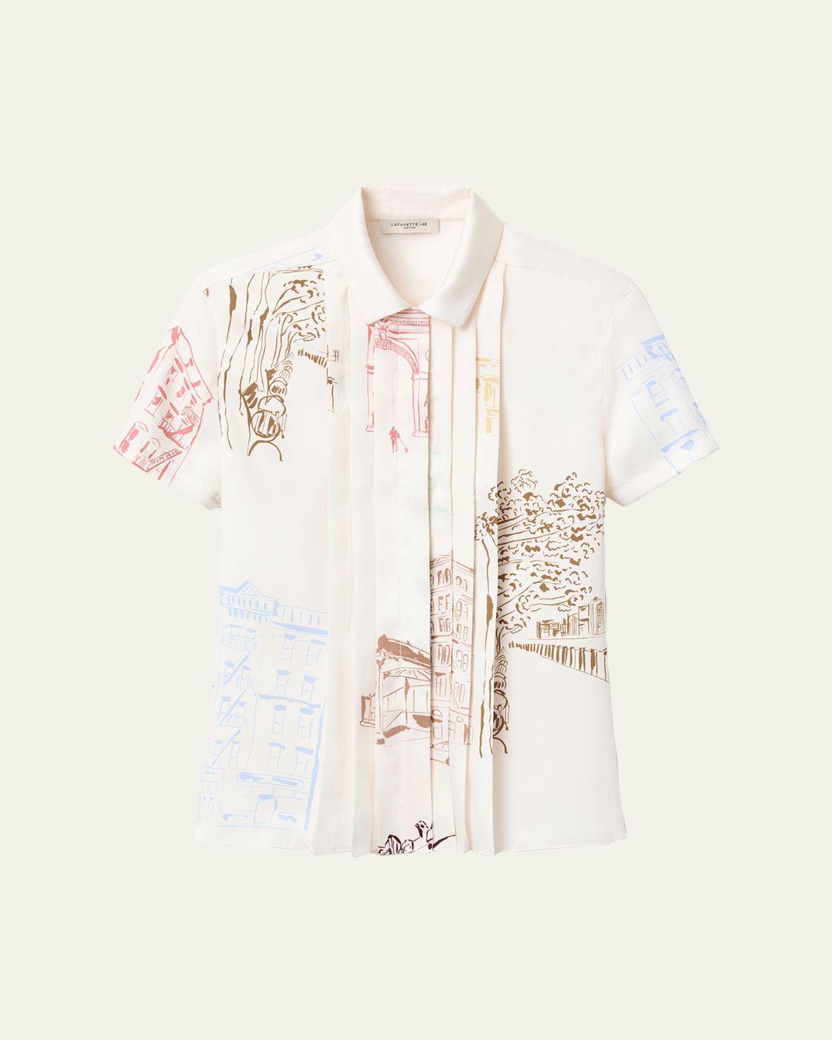 Lafayette 148 New York Pleated Manhattan-Print Twill Shirt