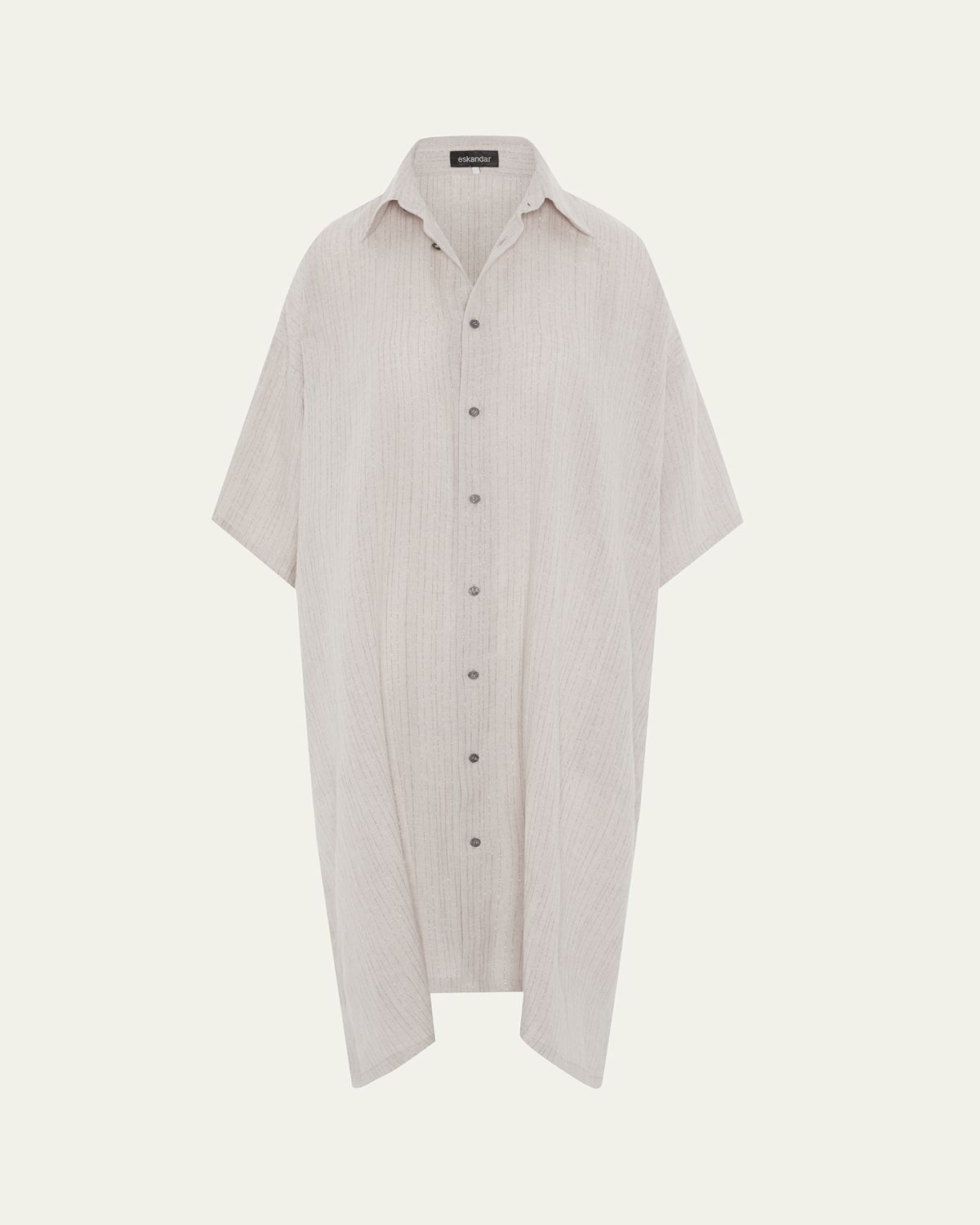 Eskandar Metallic Linen Wide A-Line Short-Sleeve Shirtdress With Collar