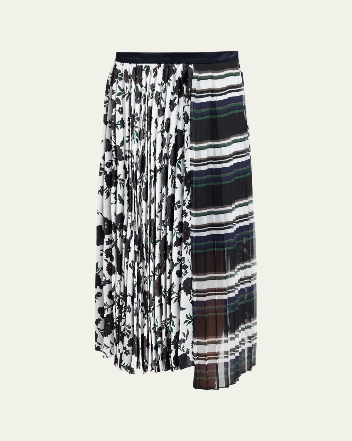 SACAI Mixed-Print Pleated Midi Skirt