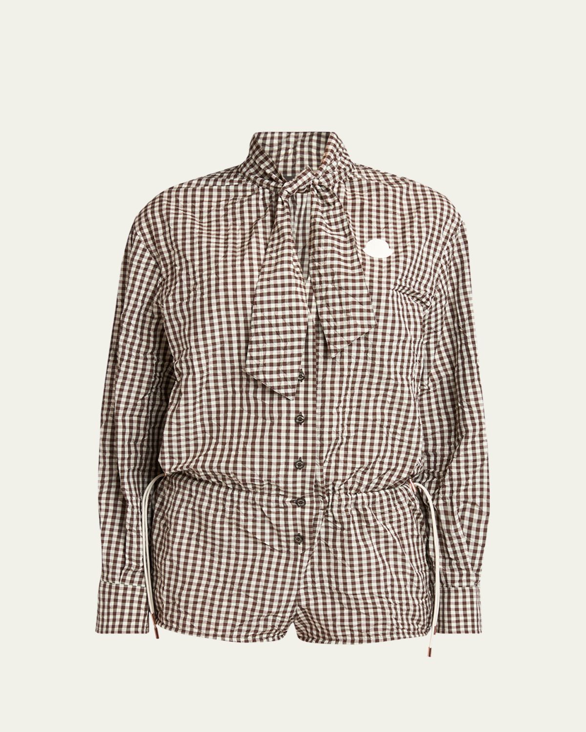 Moncler Vichy Long-Sleeve Romper with Bow