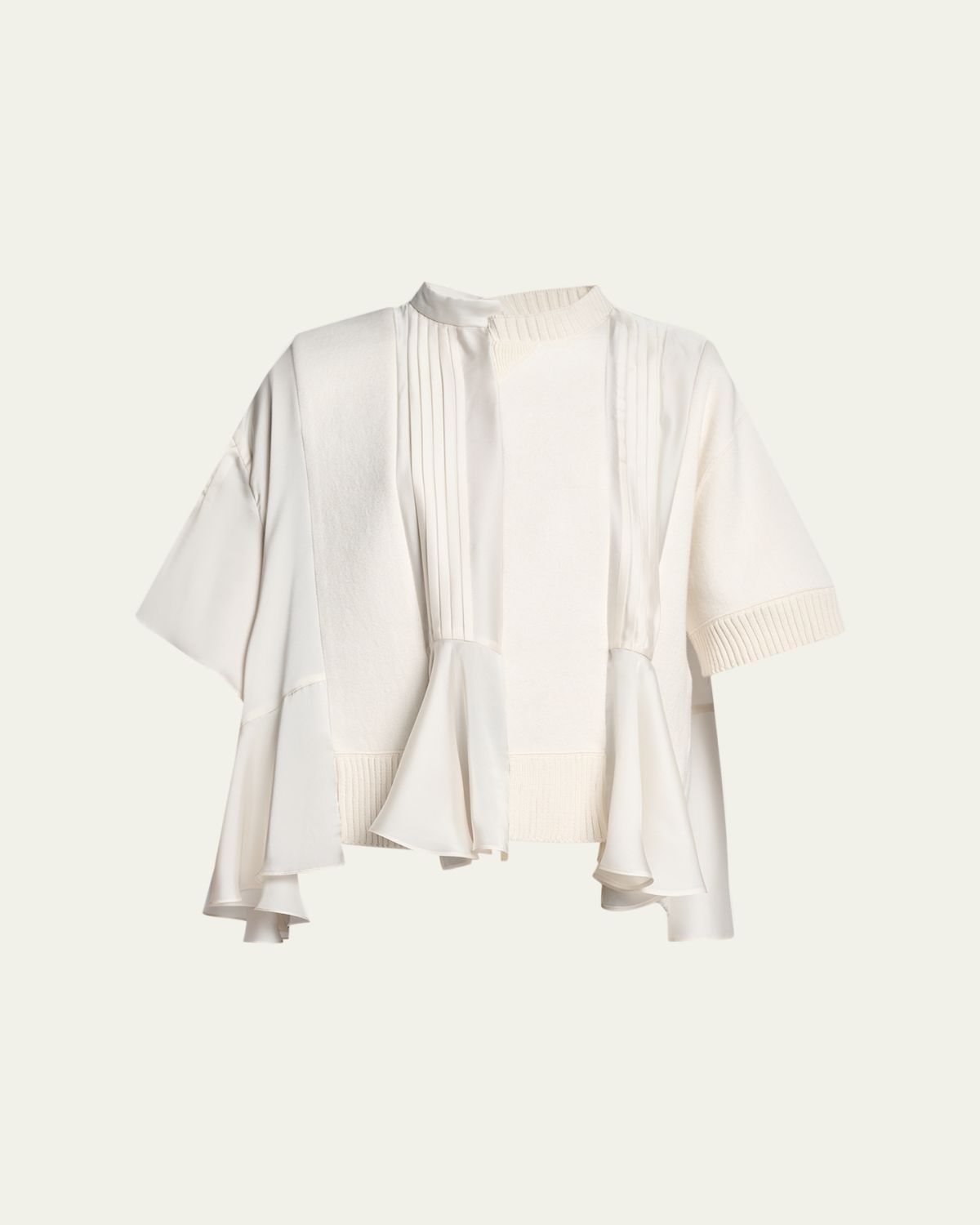 SACAI Mixed-Media Cashmere Short-Sleeve Peplum Sweater