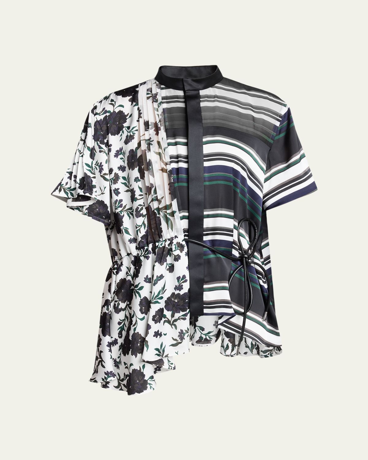 SACAI Mixed-Print Satin Short-Sleeve Blouse