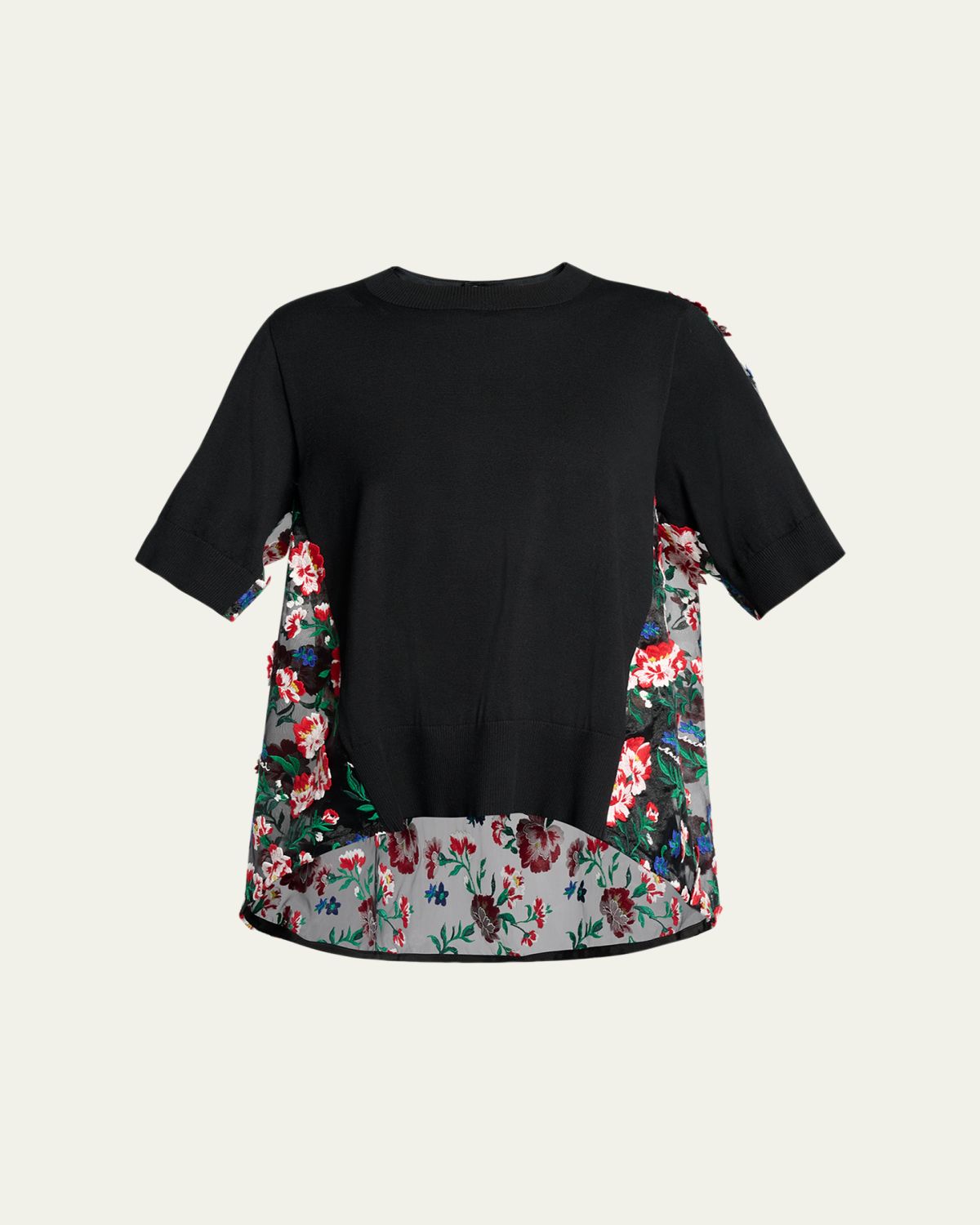 SACAI Floral Embroidered Short-Sleeve Sweater