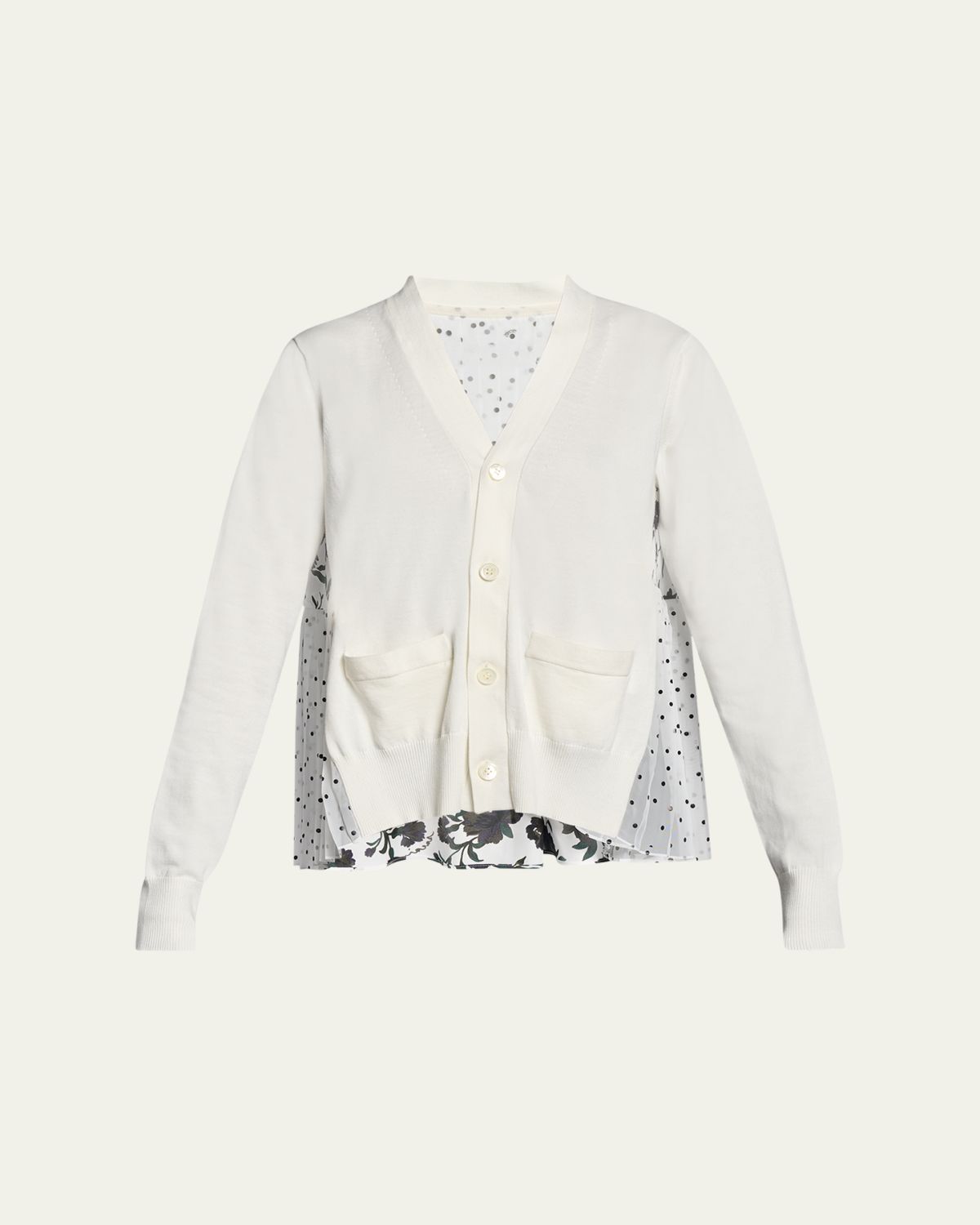 SACAI Patchwork Chiffon Back V-Neck Cardigan