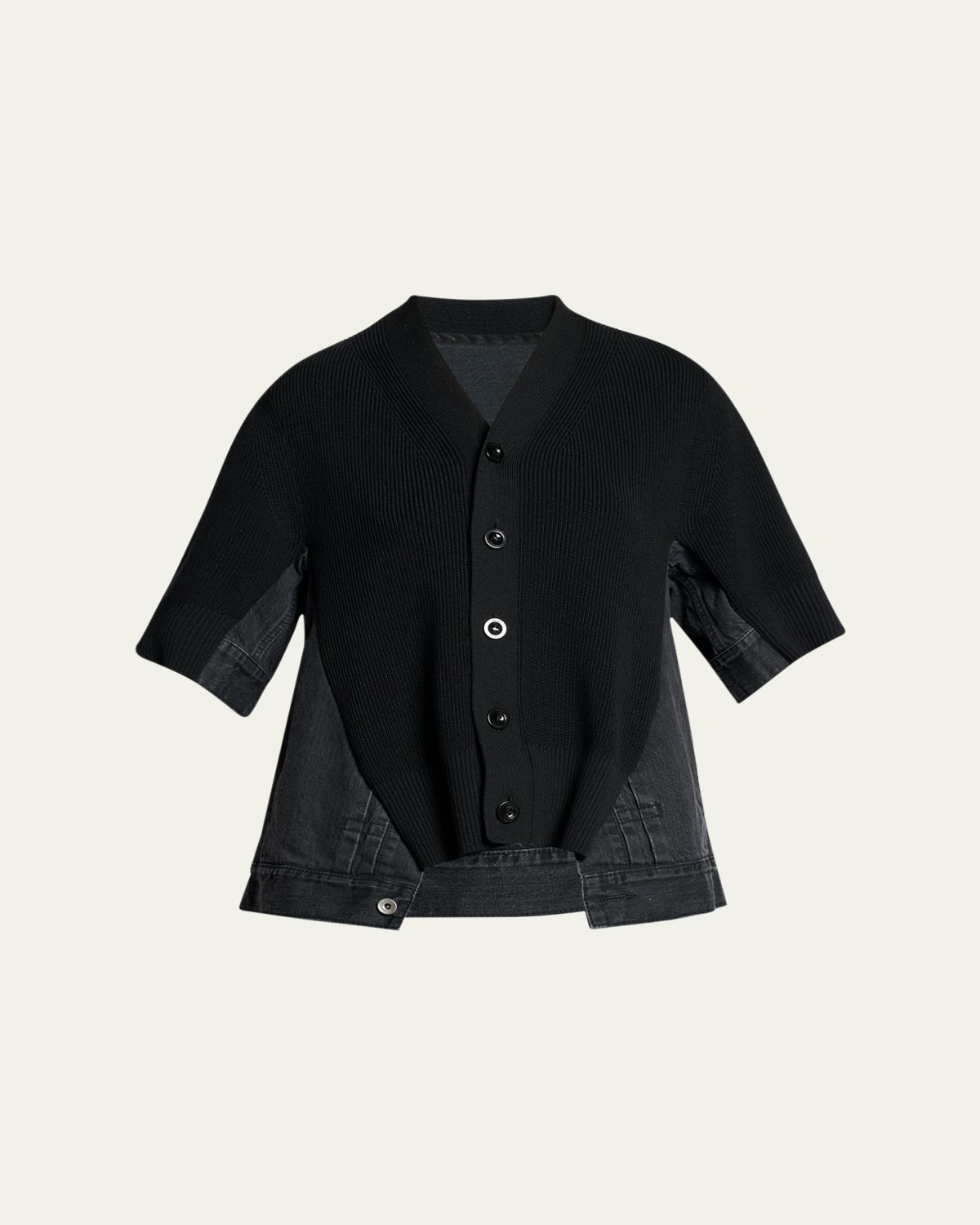 SACAI Mixed-Media Denim Short-Sleeve V-Neck Cardigan
